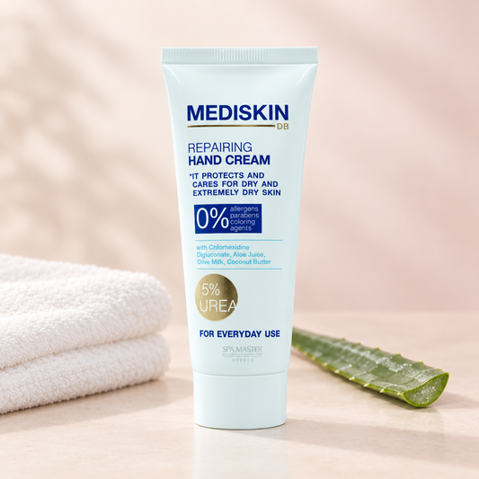 Κρέμα χεριών MEDISKIN DB με 5% ουρία σε φωτεινό φόντο