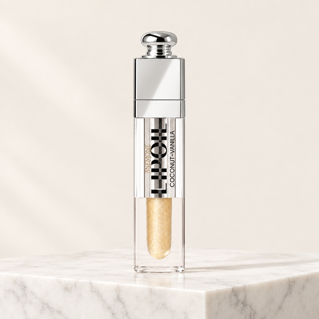 Anemone Lip Oil Καρύδα–Βανίλια πάνω σε λευκό μάρμαρο