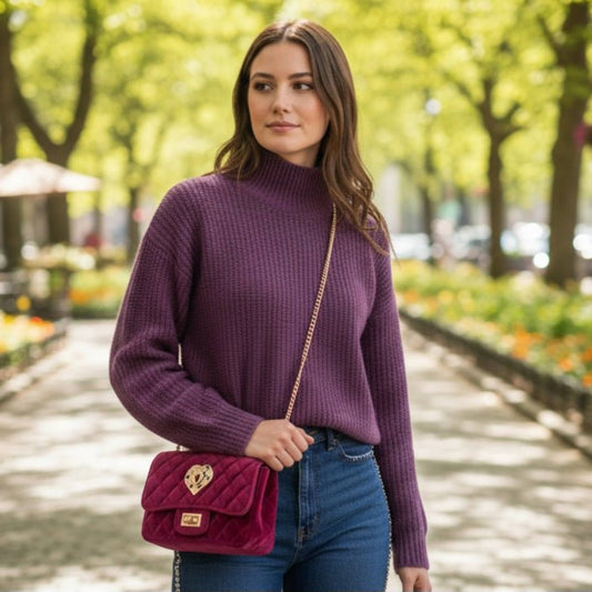 Velvet Luxe Bag Heart – Βελούδινη Τσάντα Ώμου με Αλυσίδα & Αφαιρούμενη Καρφίτσα