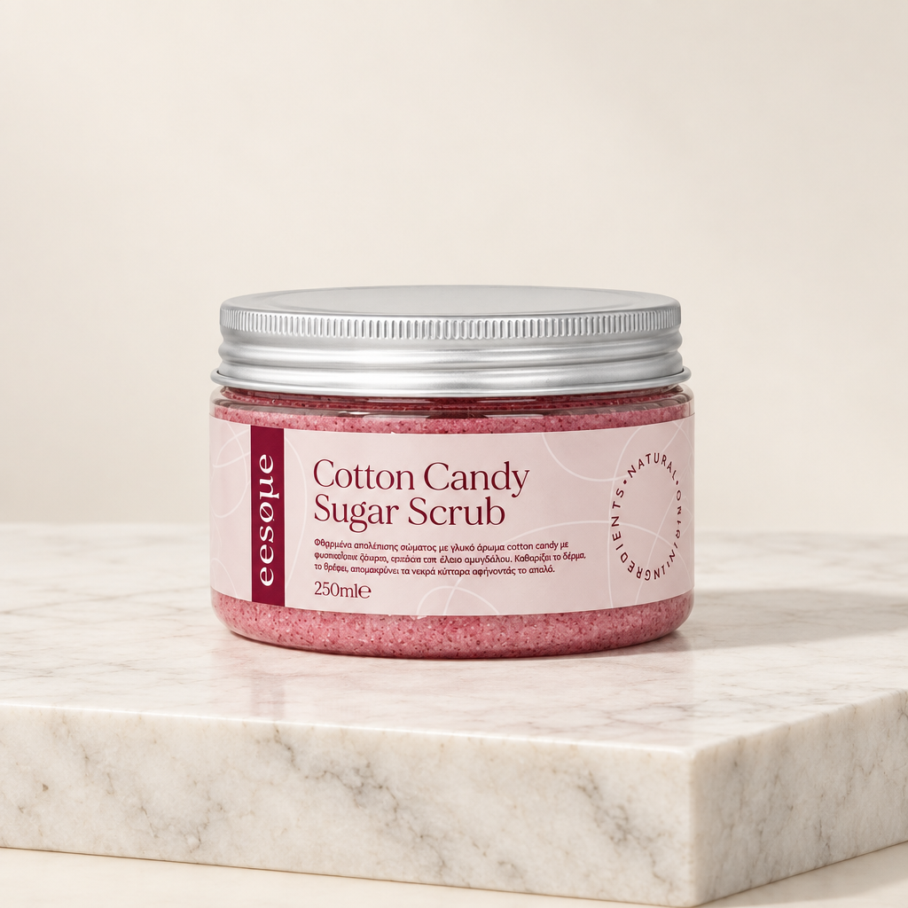 Cotton Candy Sugar Scrub πάνω σε μεγάλο κομμάτι λευκού μαρμάρου