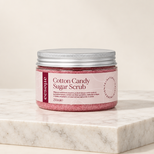 Cotton Candy Sugar Scrub πάνω σε μεγάλο κομμάτι λευκού μαρμάρου
