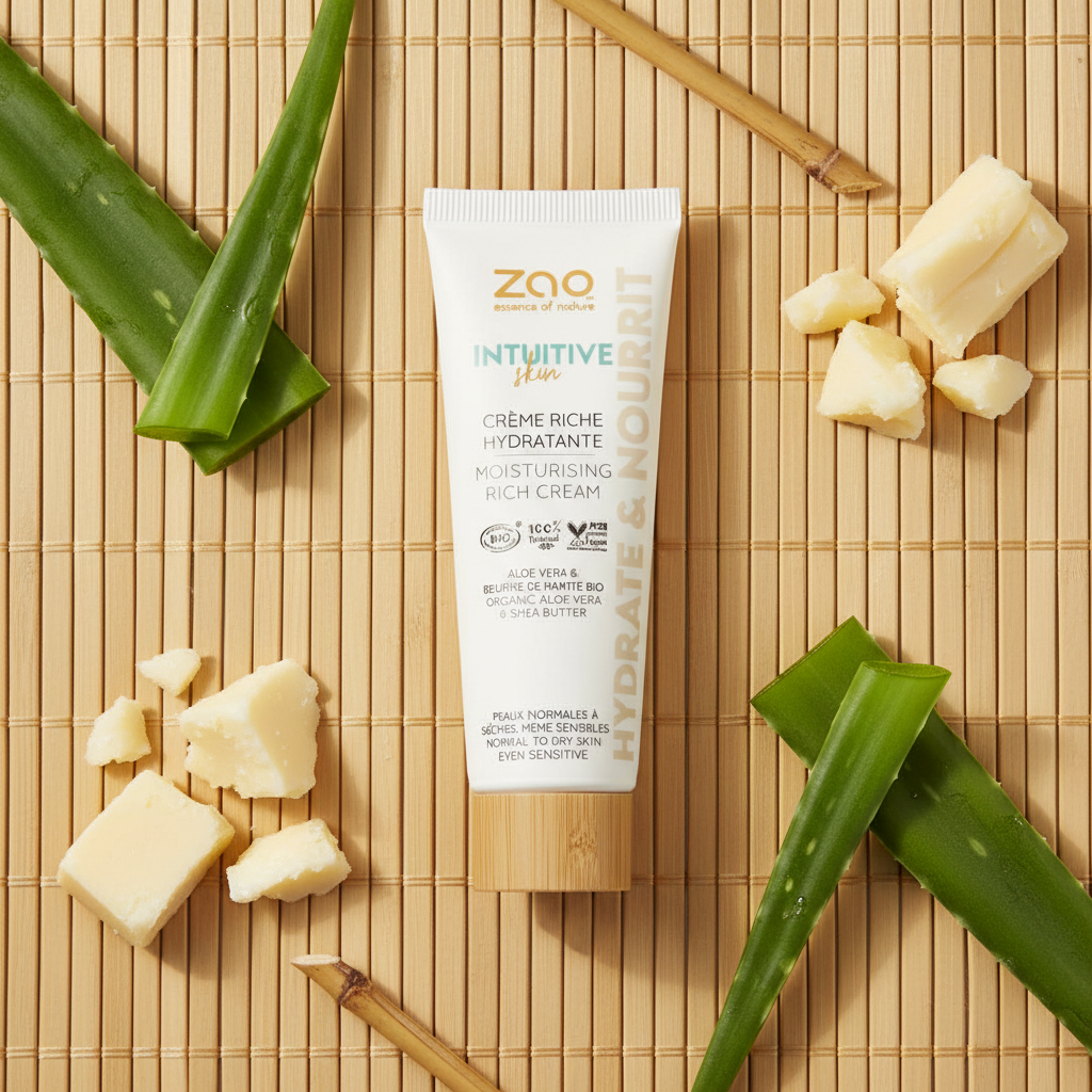 ZAO Moisturising Rich Cream - flat lay με aloe vera και shea butter