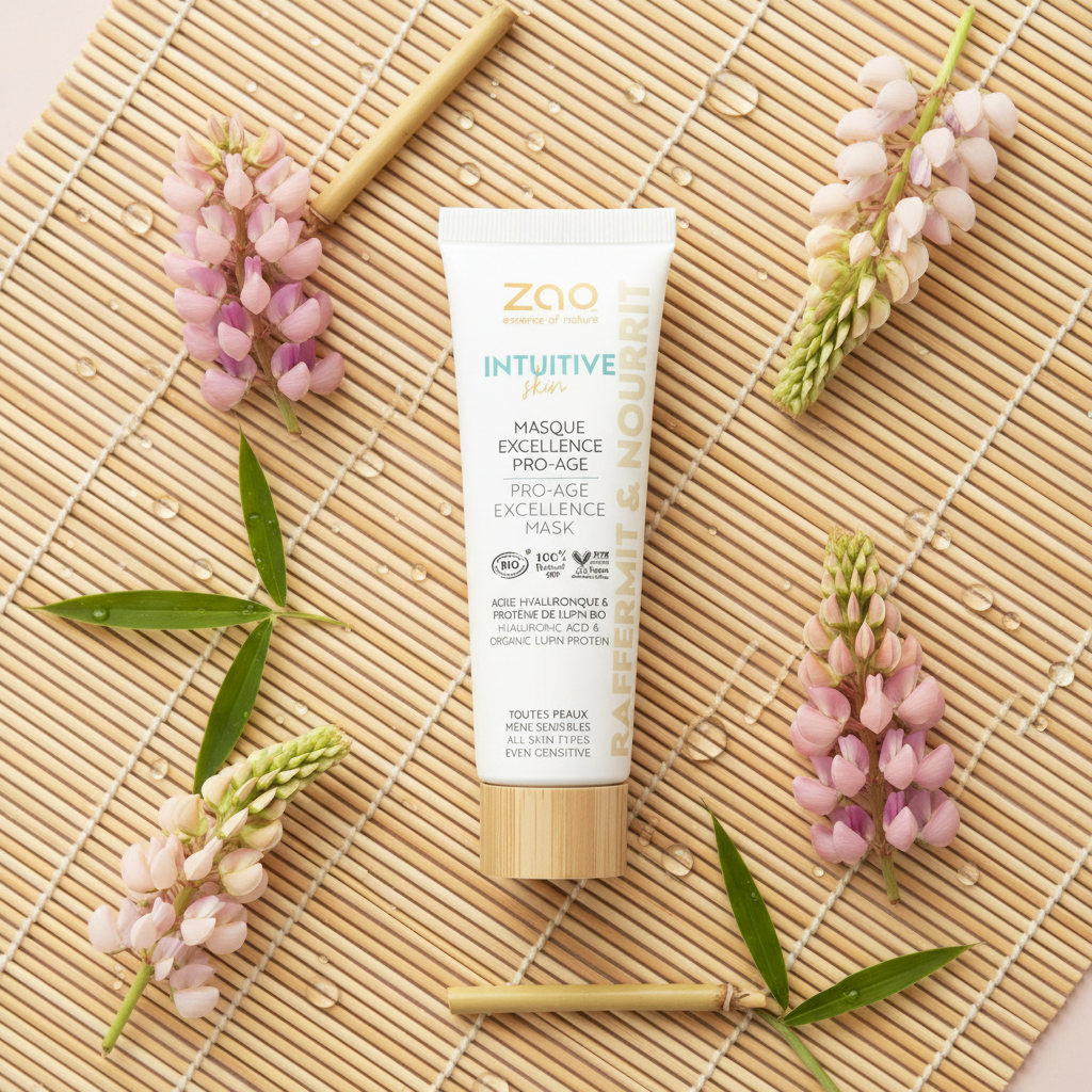 ZAO Pro-Age Excellence Mask - flat lay με λουλούδια lupin