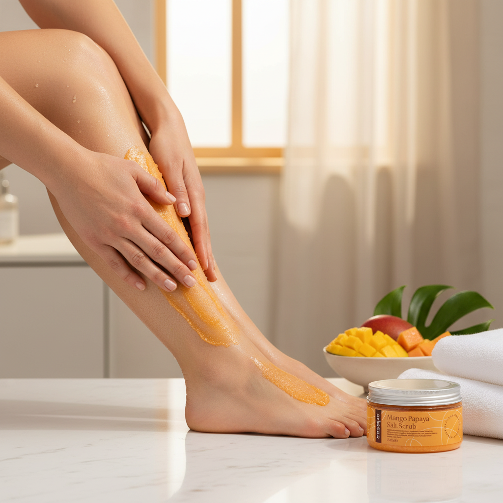 Mango Papaya Salt Scrub - Two Hands Application