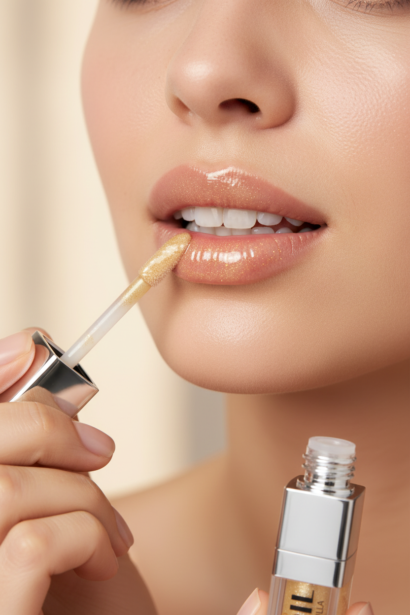 Model applying coconut vanilla lip oil
