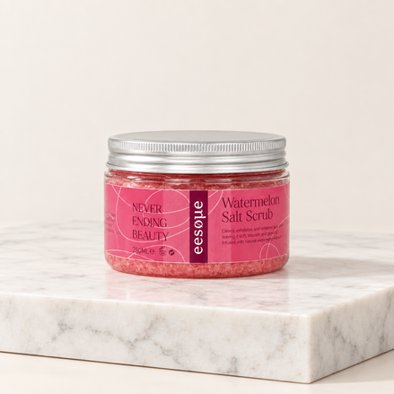 Watermelon Salt Scrub πάνω σε μεγάλο κομμάτι λευκού μαρμάρου